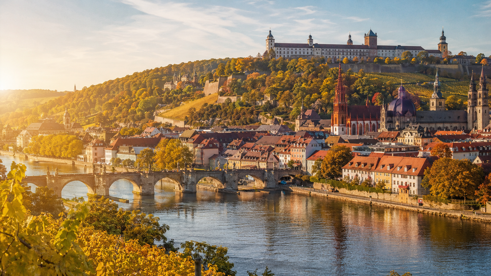 Würzburg am Main im warmen Abendlicht