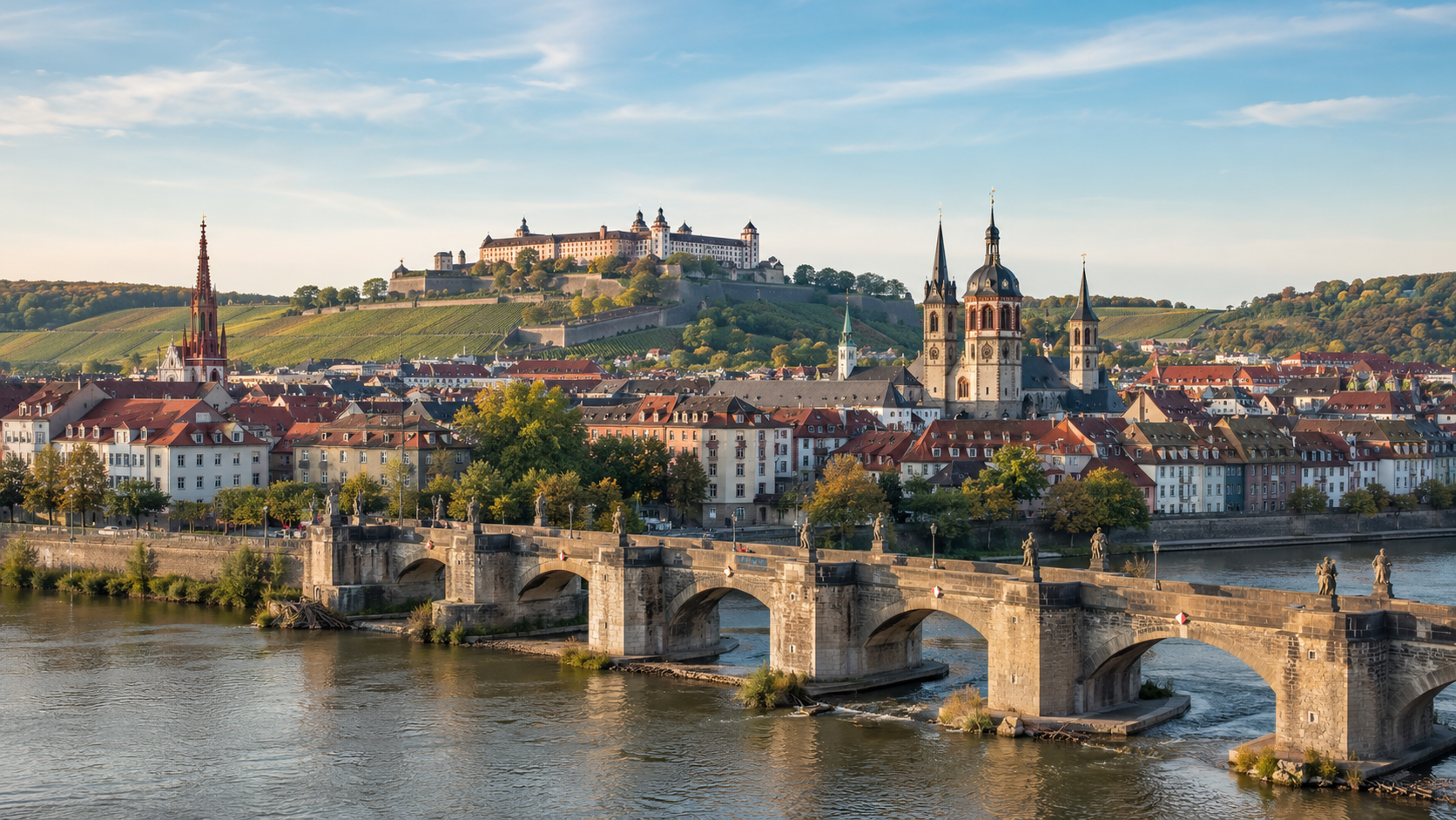 Blick auf Würzburg mit Main, Alter Mainbrücke und Festung Marienberg